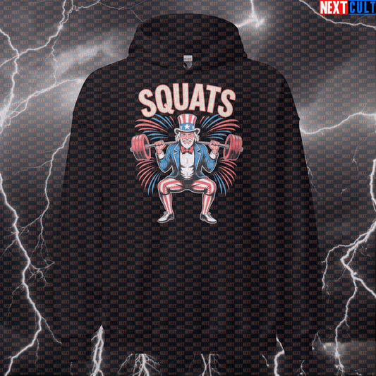Uncle Sam Squats Funny Patriotic Gym Hoodie - USA Meme Hooded Sweatshirt Pullover for 4th of July 4th of July Bodybuilding Fitness Gym Leg Day Powerlifting Pump Cover Uncle Sam Workout Next Cult Brand