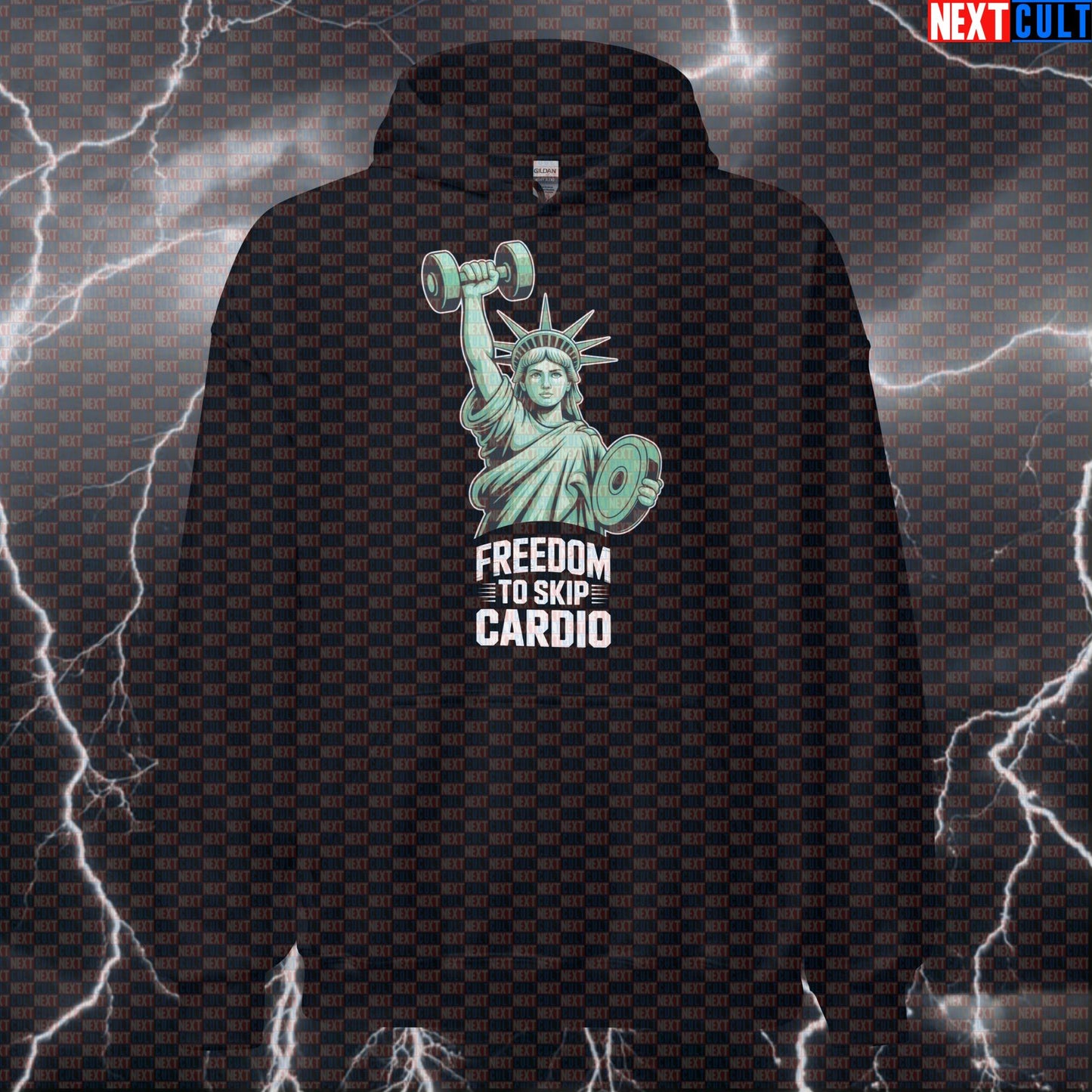 Freedom To Skip Cardio Patriotic Gym Hoodie - Funny Statue of Liberty Hooded Sweatshirt Pullover 4th of July Cardio Fitness Gym Pump Cover Statue of Liberty Workout Next Cult Brand