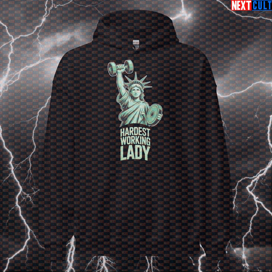 Hardest Working Lady Funny Gym Hoodie – Patriotic Statue of Liberty 4th of July Hooded Sweatshirt 4th of July Bodybuilding Fitness Gym Pump Cover Statue of Liberty Workout Next Cult Brand