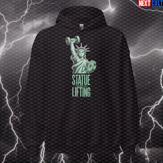 Funny Patriotic Gym Hoodie - Statue of Lifting 4th of July Hooded Sweatshirt Pump Cover 4th of July Bodybuilding Fitness Gym Pump Cover Statue of Liberty Workout Next Cult Brand