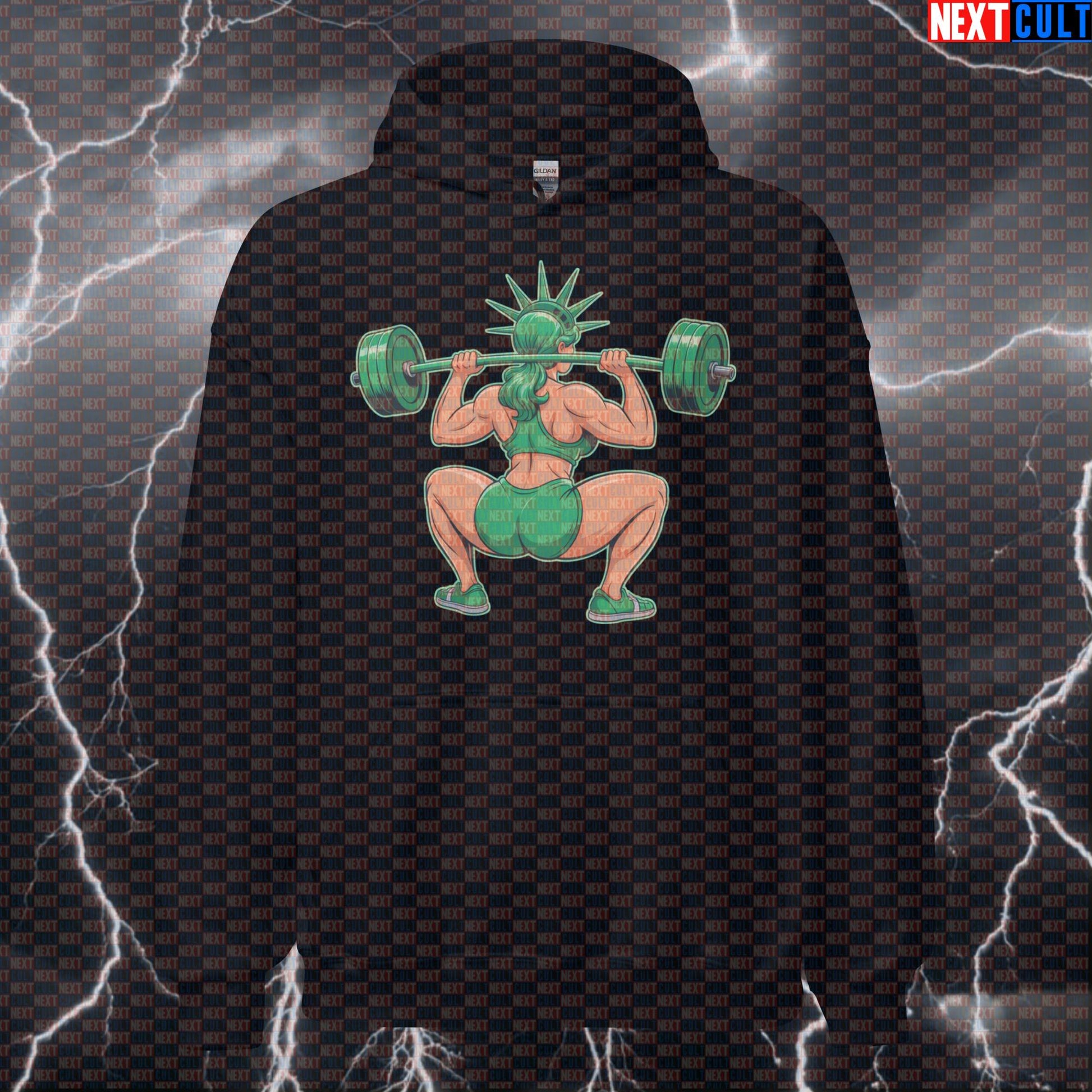 Patriotic Statue of Liberty Funny Gym Hoodie - 4th of July Workout Hooded Sweatshirt for Lifters 4th of July Bodybuilding Fitness Gym Leg Day Powerlifting Pump Cover Statue of Liberty Workout Next Cult Brand