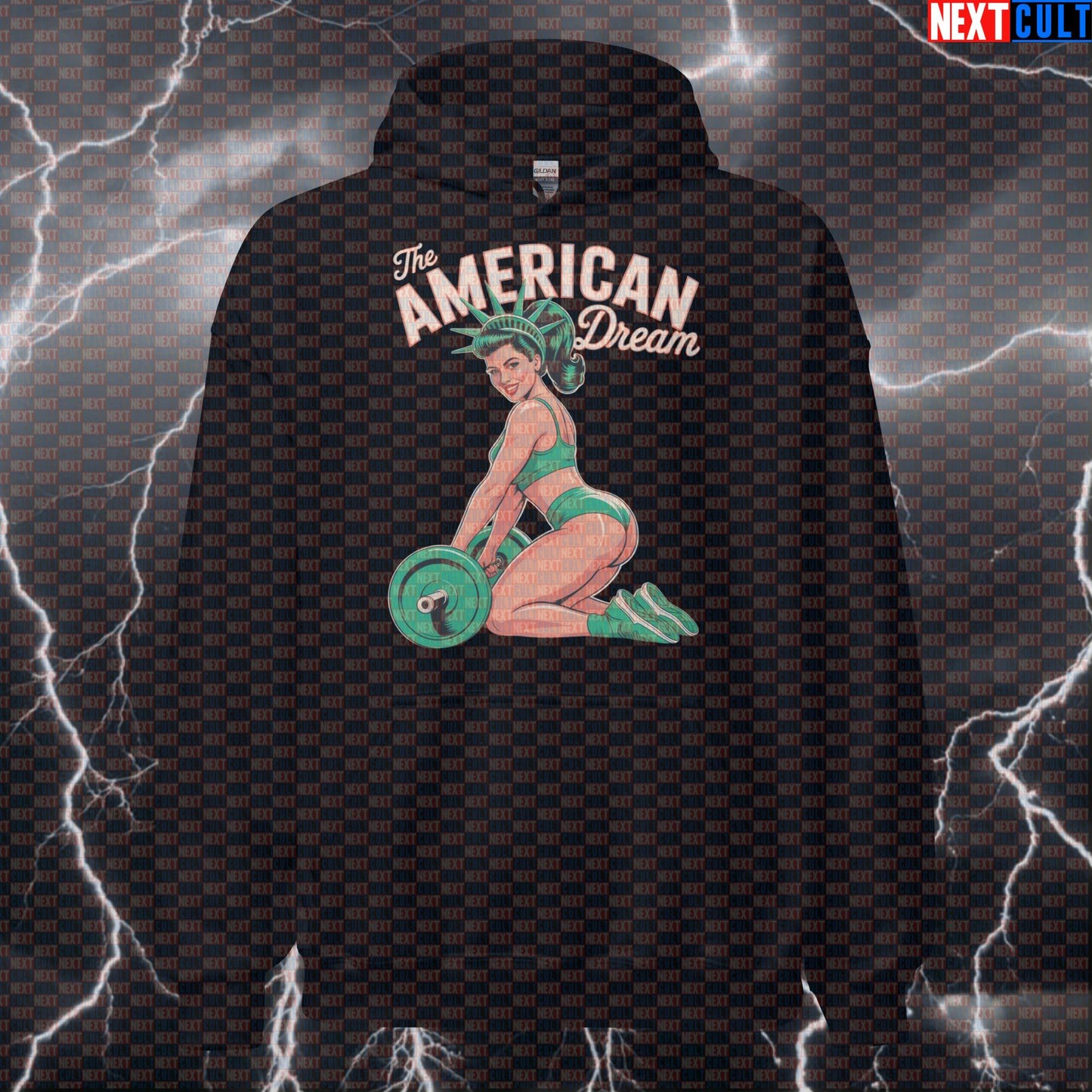 American Dream Lady Funny Gym Hoodie - 4th of July Patriotic Statue of Liberty Hooded Sweatshirt Pullover 4th of July Fitness Gym Leg Day Pump Cover Statue of Liberty Workout Next Cult Brand