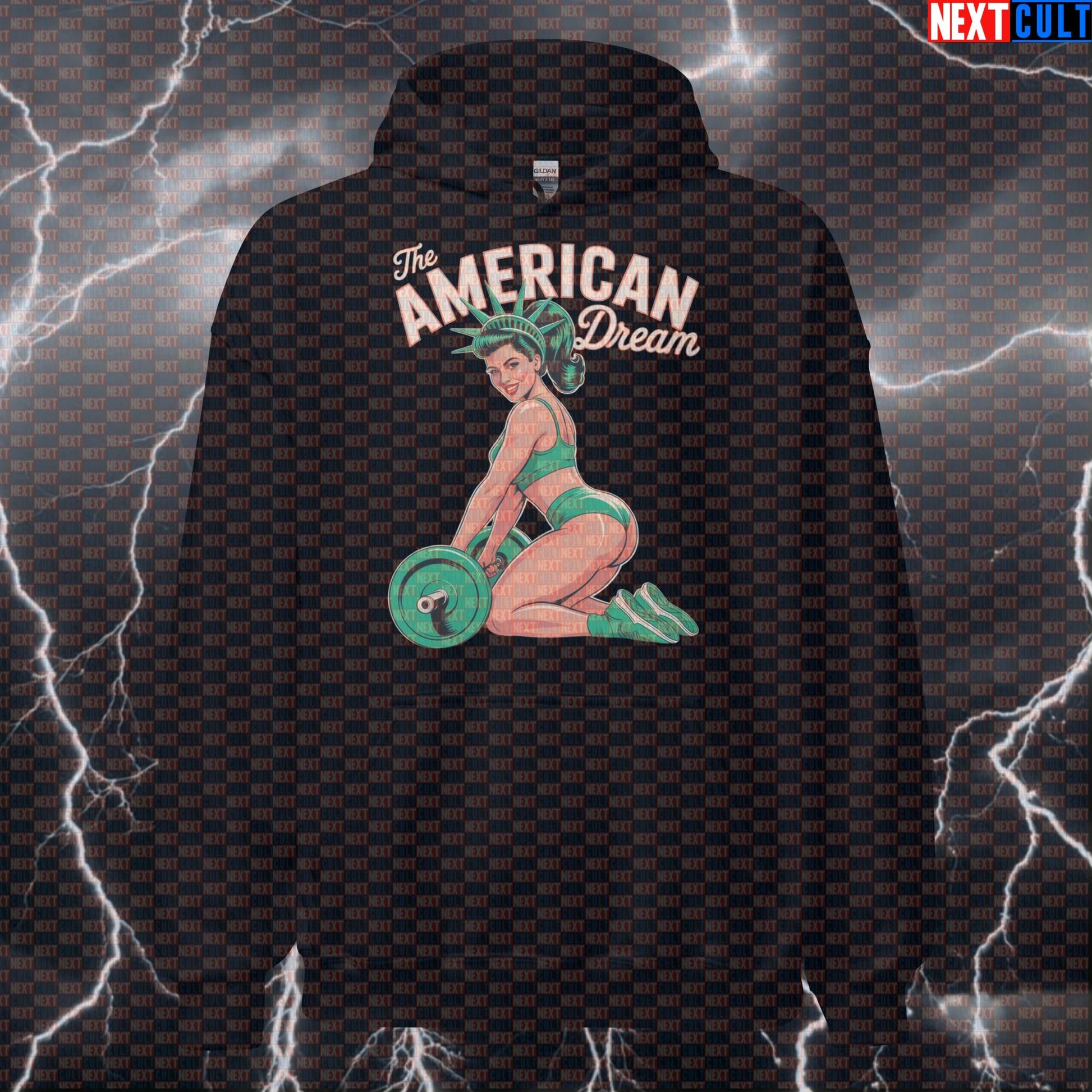 American Dream Lady Funny Gym Hoodie - 4th of July Patriotic Statue of Liberty Hooded Sweatshirt Pullover 4th of July Fitness Gym Leg Day Pump Cover Statue of Liberty Workout Next Cult Brand