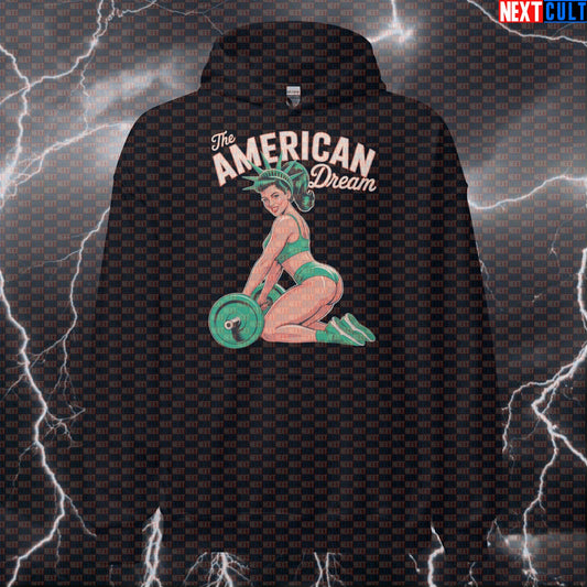 American Dream Lady Funny Gym Hoodie - 4th of July Patriotic Statue of Liberty Hooded Sweatshirt Pullover 4th of July Fitness Gym Leg Day Pump Cover Statue of Liberty Workout Next Cult Brand
