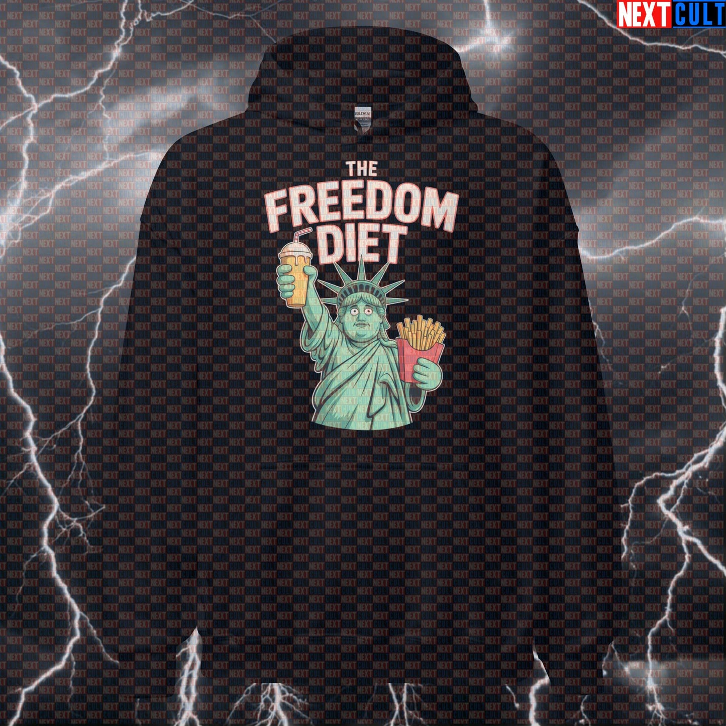 Funny Patriotic Gym Hoodie - Fat Statue of Liberty Hooded Sweatshirt For Freedom Diet & 4th of July 4th of July Fast Food Fitness Gym Pump Cover Statue of Liberty Workout Next Cult Brand