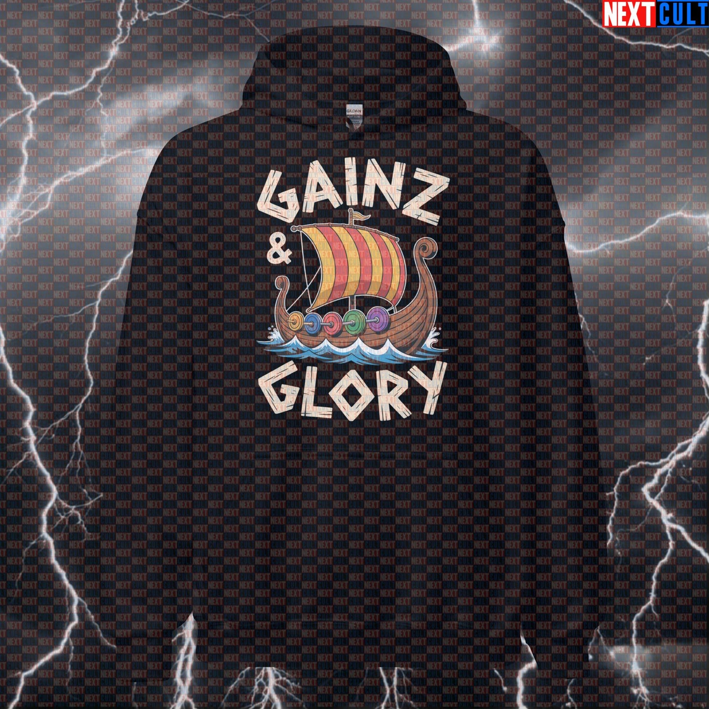 Gainz & Glory Viking Funny Gym Hoodie - Norse Workout Hooded Sweatshirt Pullover Pump Cover Bodybuilding Fitness Gym Pump Cover Vikings Workout Next Cult Brand