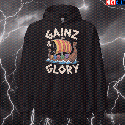 Gainz & Glory Viking Funny Gym Hoodie - Norse Workout Hooded Sweatshirt Pullover Pump Cover Bodybuilding Fitness Gym Pump Cover Vikings Workout Next Cult Brand
