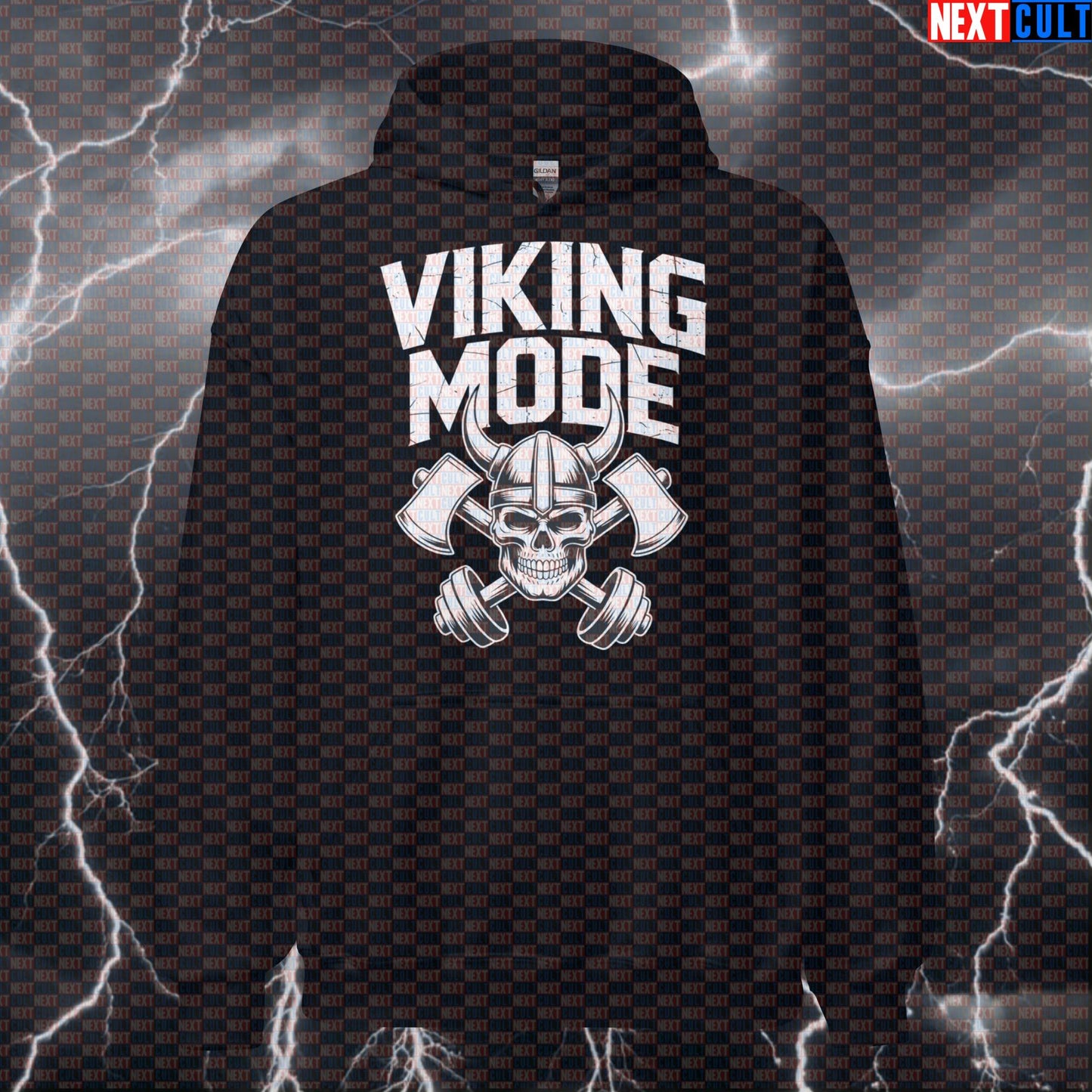Viking Mode Funny Gym Hoodie - Norse Workout Hooded Sweatshirt, Pump Cover Pullover for Lifters Bodybuilding Fitness Gym Powerlifting Pump Cover Vikings Workout Next Cult Brand