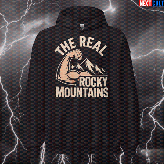The Real Rocky Mountains Funny Gym Hoodie - Bicep Mountain Meme Hooded Sweatshirt Pump Cover Hoodies Next Cult Brand