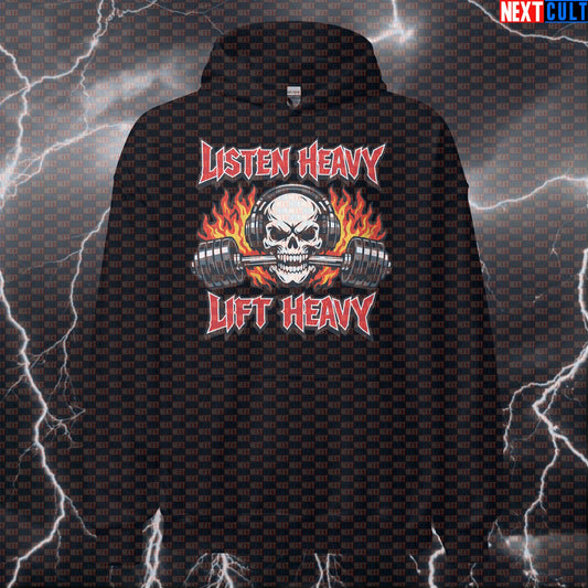 Listen Heavy Lift Heavy Gym Hoodie | Funny Workout Hooded Sweatshirt For Heavy Metal Lifters Hoodies Next Cult Brand