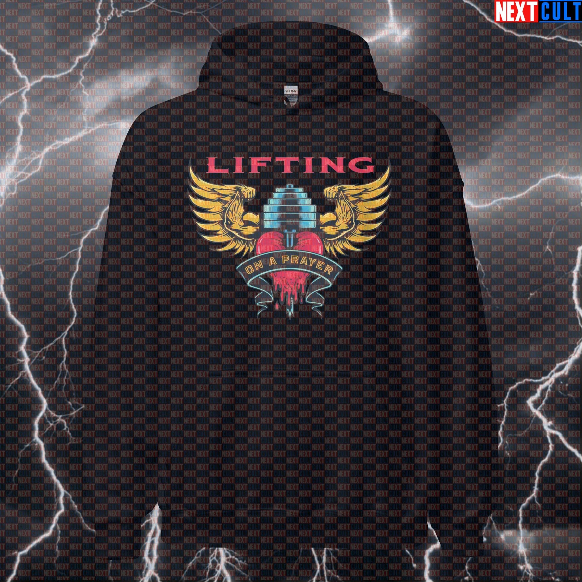 Lifting on a Prayer Funny Gym Hoodie - Bon Jovi Gym Meme Hooded Sweatshirt Pullover Pump Cover Hoodies Next Cult Brand