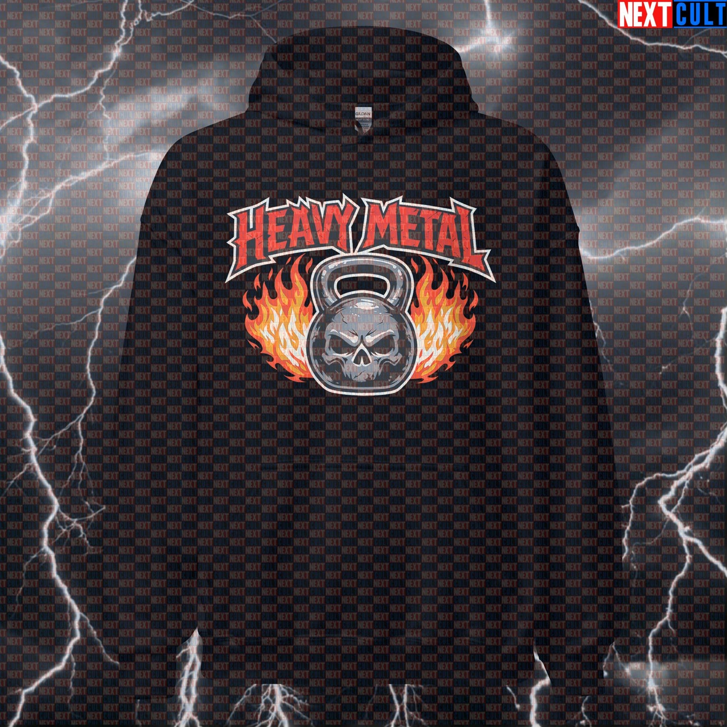 Heavy Metal Kettlebell Hoodie | Lifting Skull Funny Gym Hooded Sweatshirt Workout Pullover Hoodies Bodybuilding Fitness Gym Kettlebell Pump Cover Rock Music Workout Next Cult Brand