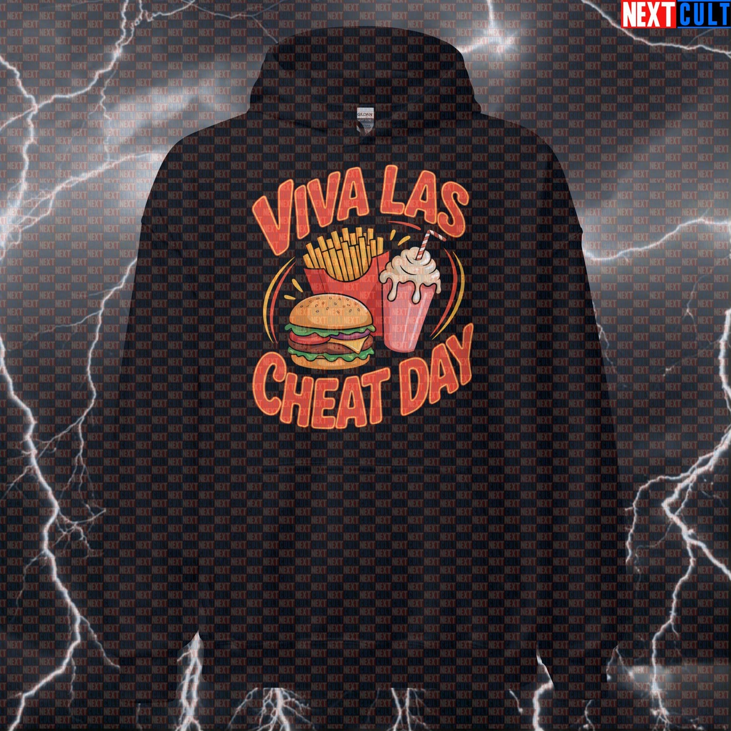 Viva Las Cheat Day Funny Gym Hoodie - Elvis Presley Cheat Day Hooded Sweatshirt Meme Pullover Hoodies Bodybuilding Bulking Elvis Presley Fast Food Fitness Gym Pump Cover Rock Music Workout Next Cult Brand