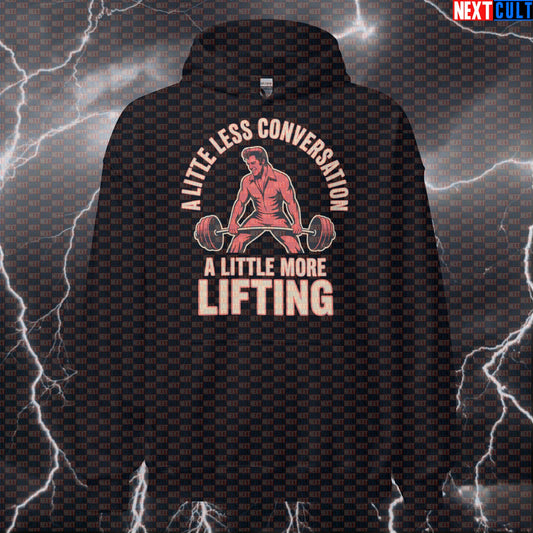 Elvis Presley Lifting Hoodie - Funny A Little Less Conversation A Little More Lifting Gym Pullover Hoodies Bodybuilding Elvis Presley Fitness Gym Powerlifting Pump Cover Rock Music Workout Next Cult Brand