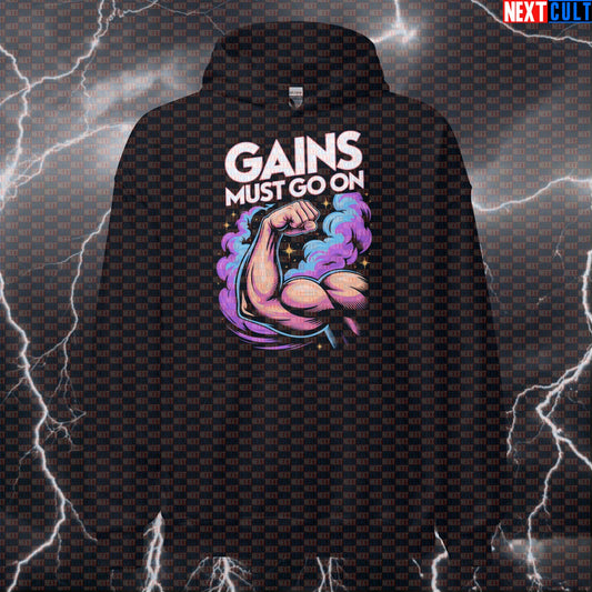 Gains Must Go On Funny Gym Hoodie - Queen Rock Music Meme Hooded Sweatshirt Pullover Hoodies Bodybuilding Fitness Gym Pump Cover Queen Rock Music Workout Next Cult Brand