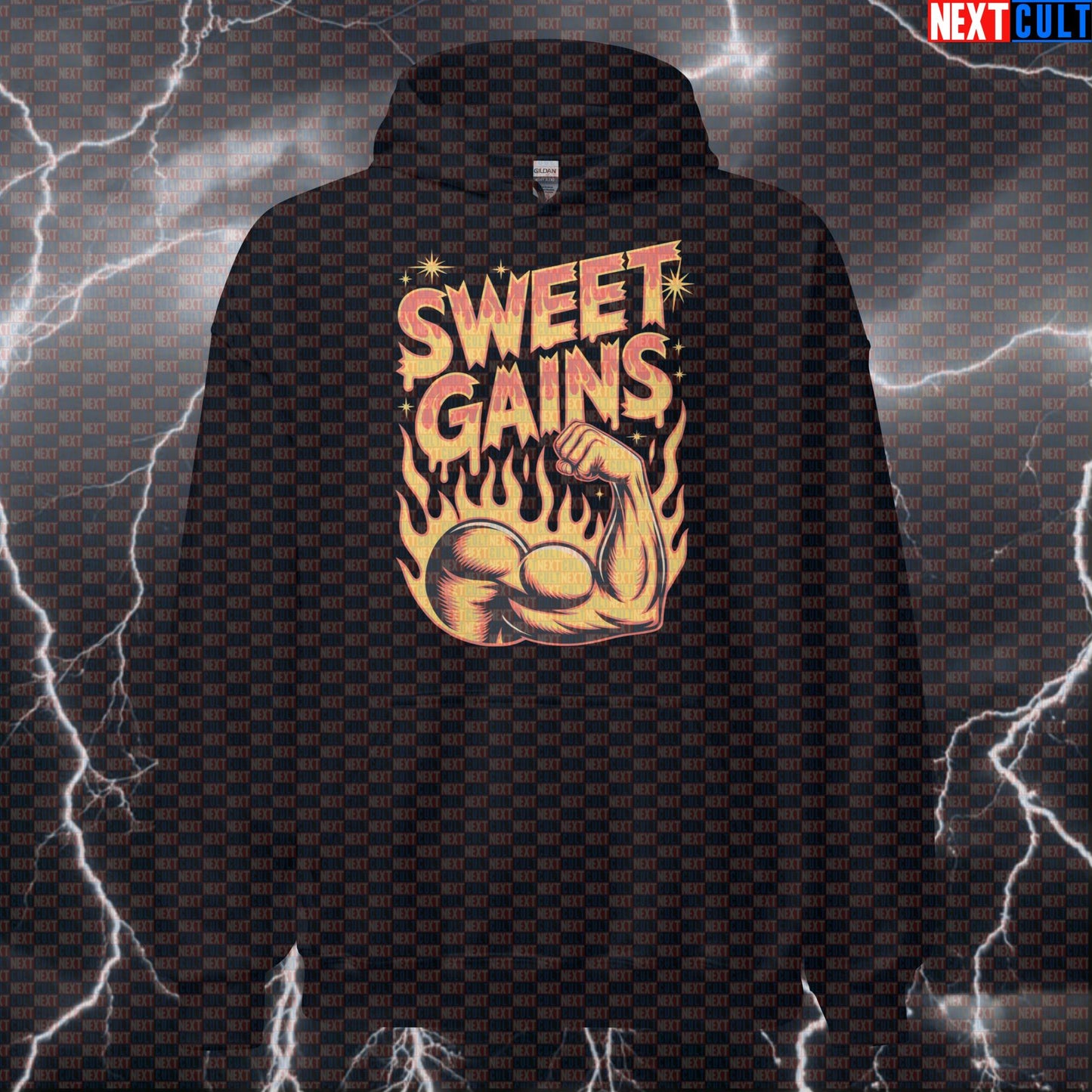 Funny Gym Hoodie | Sweet Gains Workout Hooded Sweatshirt Pump Cover Pullover for Lifters & Gym Meme Fans Hoodies Aerosmith Bodybuilding Fitness Gym Pump Cover Rock Music Workout Next Cult Brand