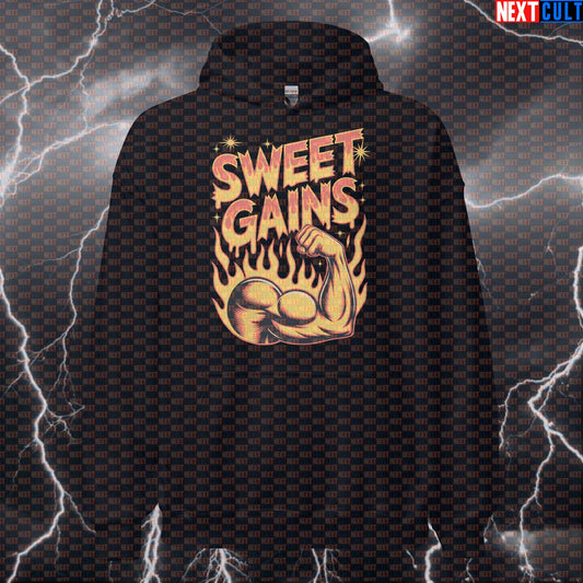 Funny Gym Hoodie | Sweet Gains Workout Hooded Sweatshirt Pump Cover Pullover for Lifters & Gym Meme Fans Hoodies Aerosmith Bodybuilding Fitness Gym Pump Cover Rock Music Workout Next Cult Brand
