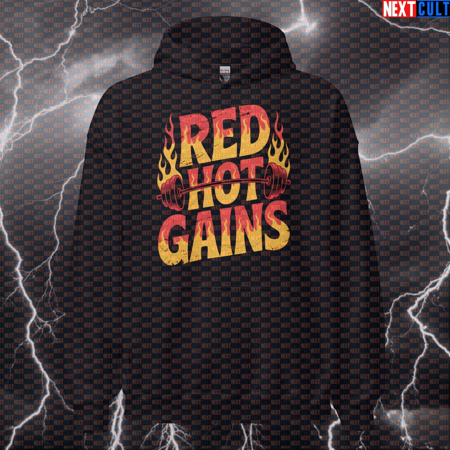 Red Hot Gains Funny Gym Hoodie - Rock Music Gym Meme Hooded Sweatshirt Pullover Pump Cover Hoodies Bodybuilding Fitness Gym Powerlifting Pump Cover Red Hot Chili Peppers Rock Music Workout Next Cult Brand