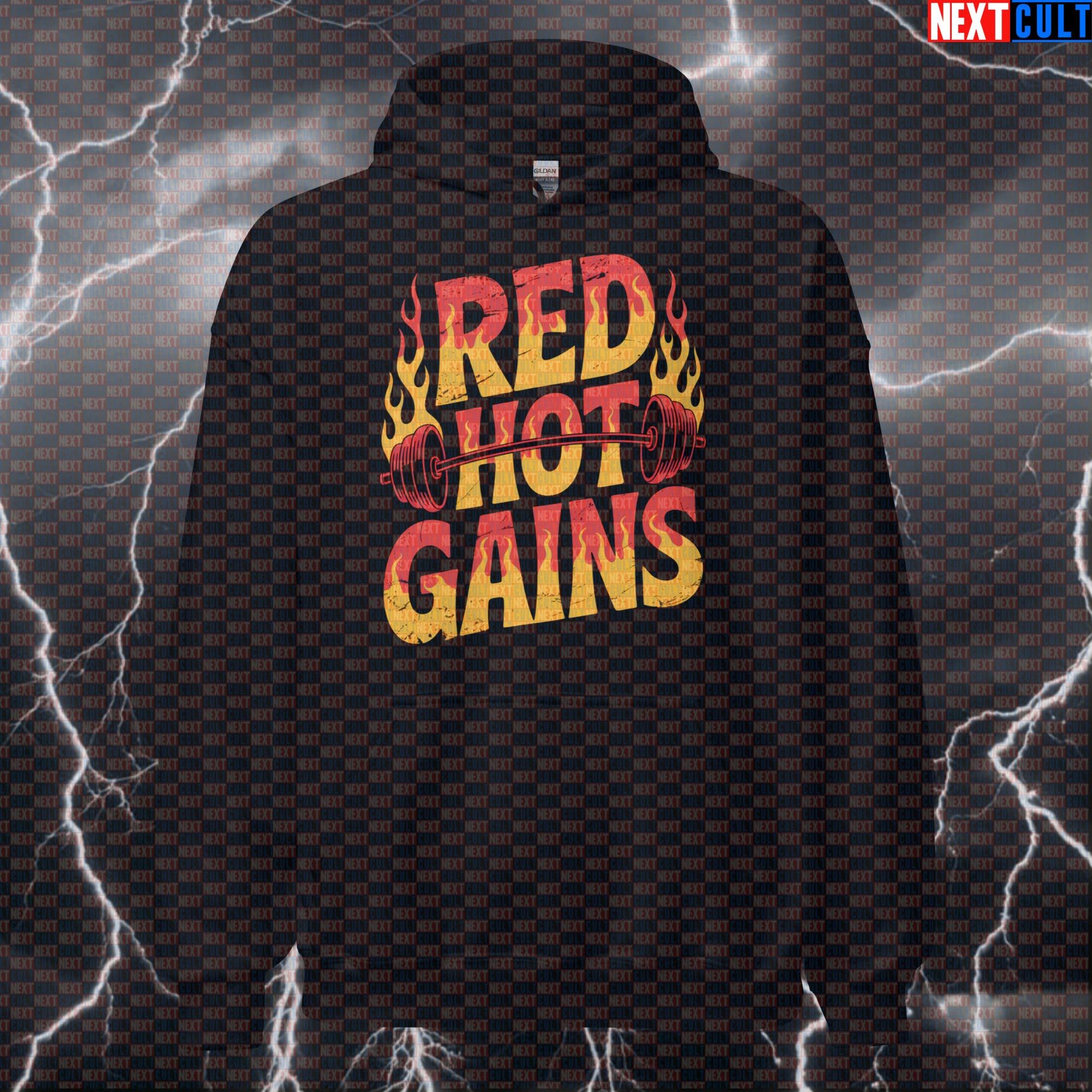Red Hot Gains Funny Gym Hoodie - Rock Music Gym Meme Hooded Sweatshirt Pullover Pump Cover Hoodies Bodybuilding Fitness Gym Powerlifting Pump Cover Red Hot Chili Peppers Rock Music Workout Next Cult Brand