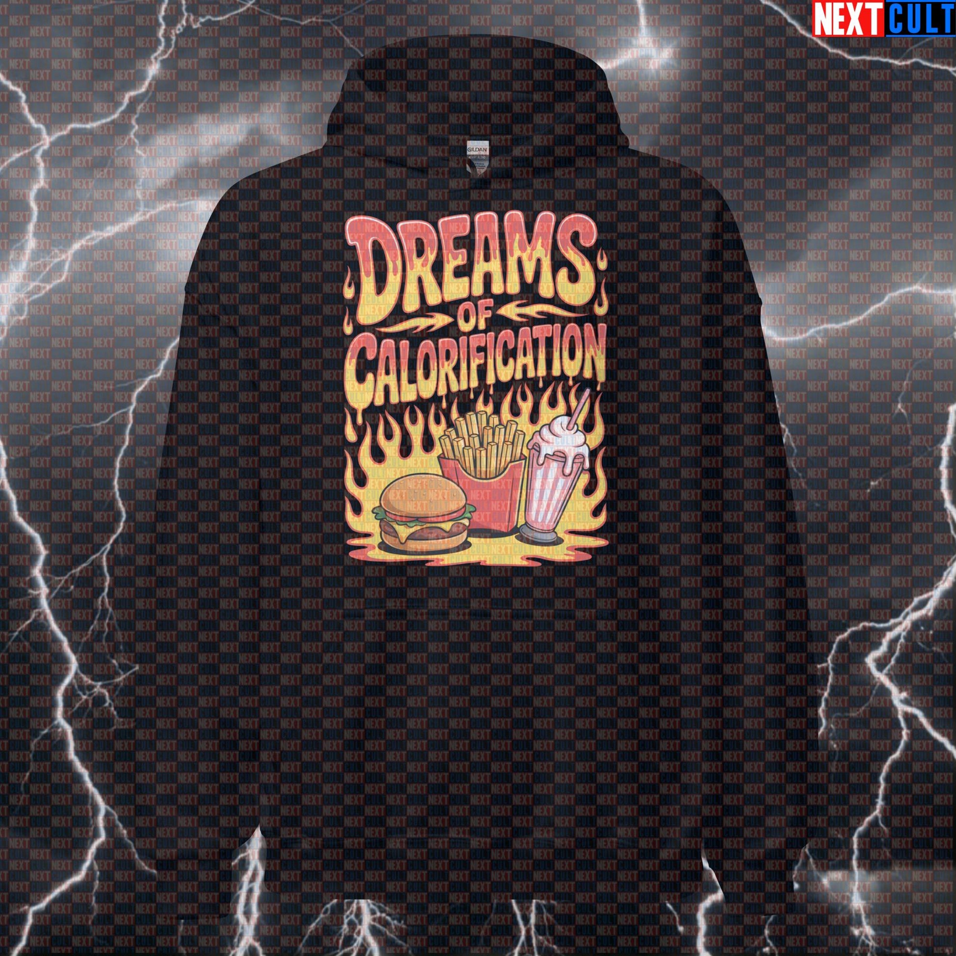 Dreams of Calorification Funny Gym Hoodie - Fast Food Bulking Hooded Sweatshirt Pullover Hoodies Bodybuilding Bulking Fast Food Fitness Gym Pump Cover Red Hot Chili Peppers Rock Music Workout Next Cult Brand