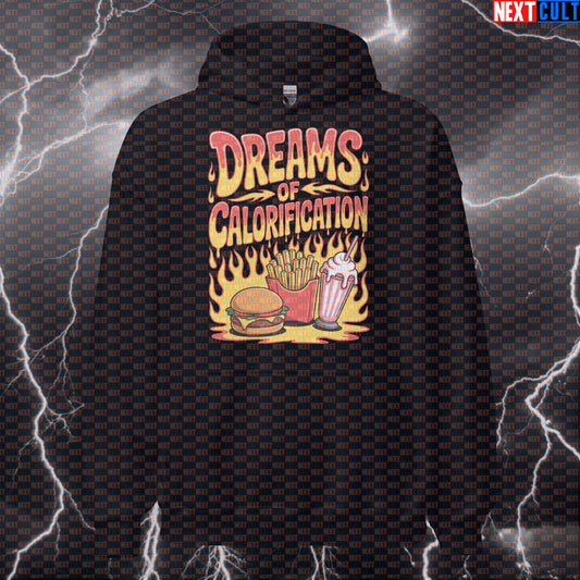 Dreams of Calorification Funny Gym Hoodie - Fast Food Bulking Hooded Sweatshirt Pullover Hoodies Bodybuilding Bulking Fast Food Fitness Gym Pump Cover Red Hot Chili Peppers Rock Music Workout Next Cult Brand