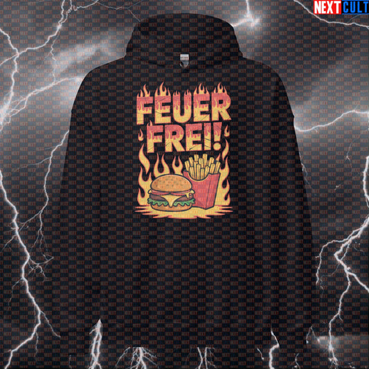 Feur Frei Funny Gym Hoodie - Rammstein Workout Hooded Sweatshirt Pullover Pump Cover Hoodies Bodybuilding Bulking Fast Food Fitness Gym Pump Cover Rammstein Rock Music Workout Next Cult Brand