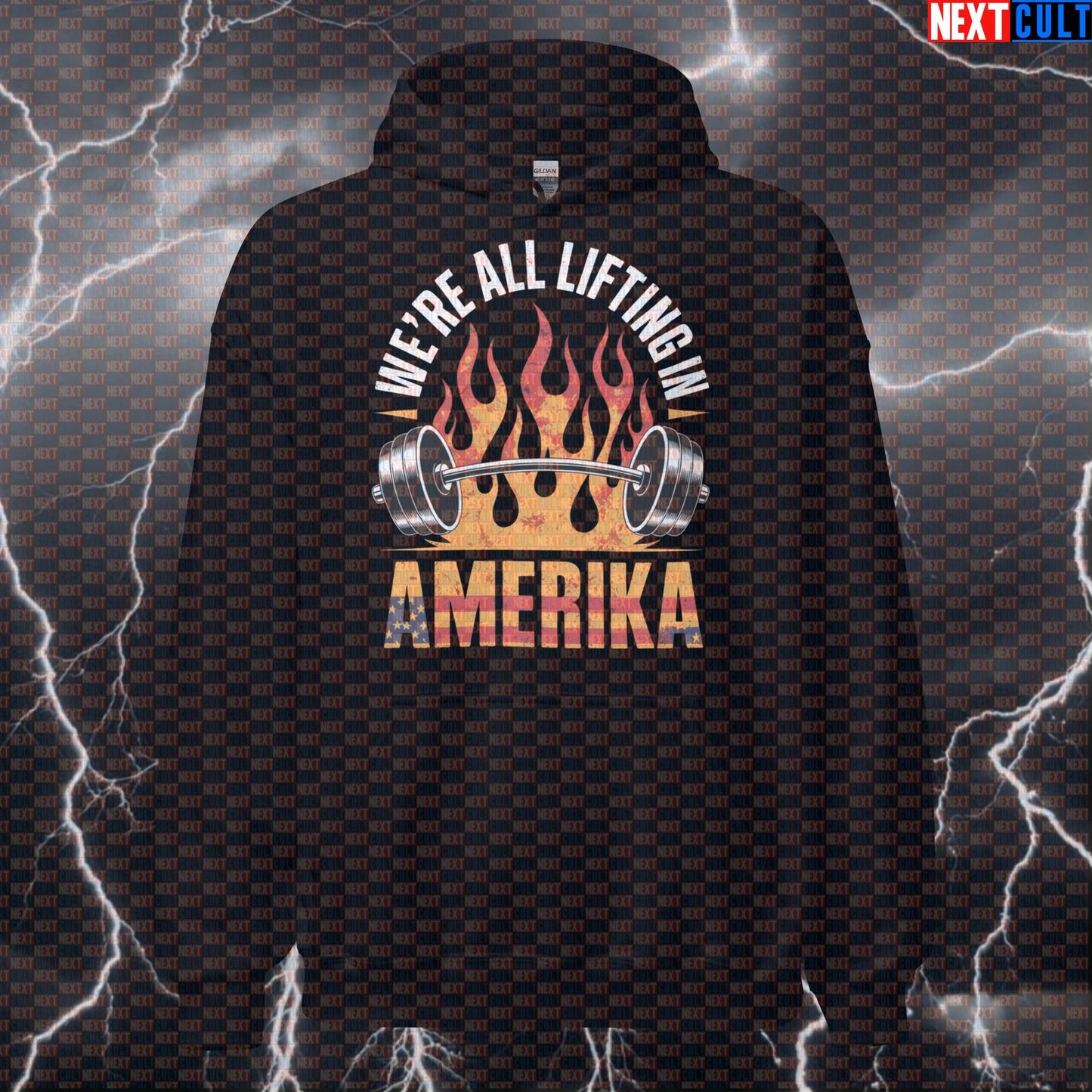 We're All Lifting In Amerika Funny Gym Hoodie - Patriotic Rammstein Hooded Sweatshirt Pullover Hoodies 4th of July Bodybuilding Fitness Gym Powerlifting Pump Cover Rammstein Rock Music Workout Next Cult Brand