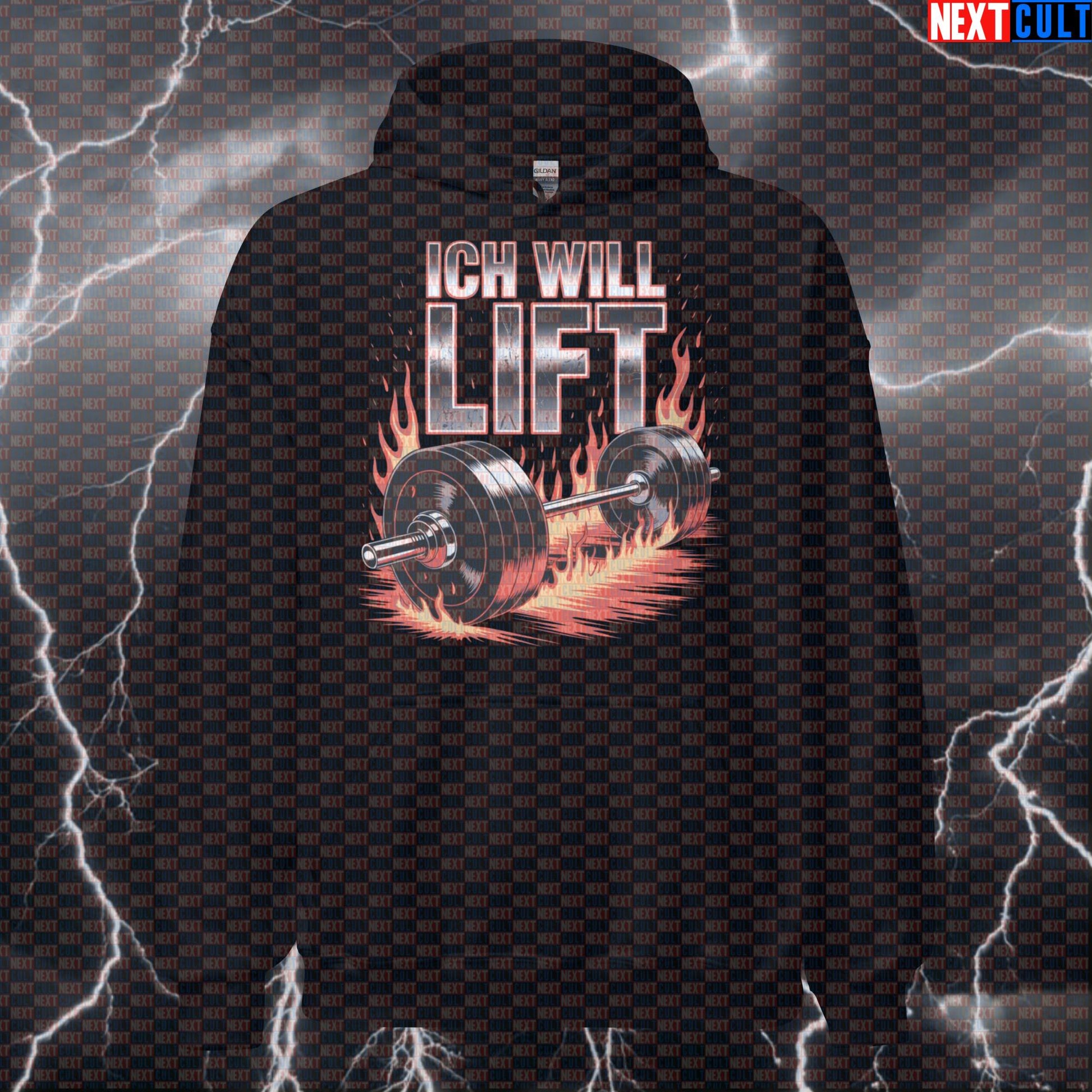 Ich Will Lift Funny Gym Hoodie - Rammstein Inspired Hooded Sweatshirt Pullover Pump Cover Hoodies Bodybuilding Fitness Gym Powerlifting Pump Cover Rammstein Rock Music Workout Next Cult Brand