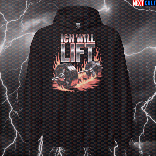 Ich Will Lift Funny Gym Hoodie - Rammstein Inspired Hooded Sweatshirt Pullover Pump Cover Hoodies Bodybuilding Fitness Gym Powerlifting Pump Cover Rammstein Rock Music Workout Next Cult Brand