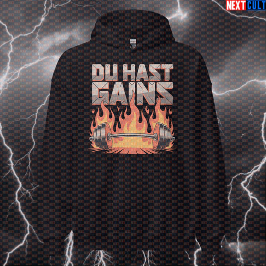 Du Hast Gains Funny Gym Hoodie - Rammstein Meme Hooded Sweatshirt Pullover Pump Cover Hoodies Bodybuilding Fitness Gym Powerlifting Pump Cover Rammstein Rock Music Workout Next Cult Brand