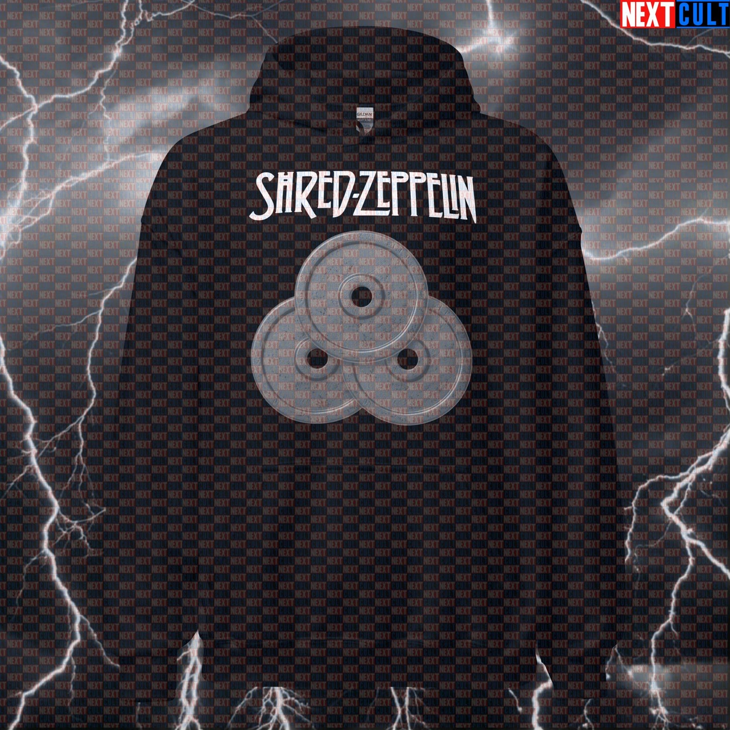 Shred Zeppelin Funny Gym Hoodie - Led Zeppelin Weight Plates Hooded Sweatshirt Pump Cover Hoodies Bodybuilding Fitness Gym Led Zeppelin Powerlifting Pump Cover Rock Music Workout Next Cult Brand