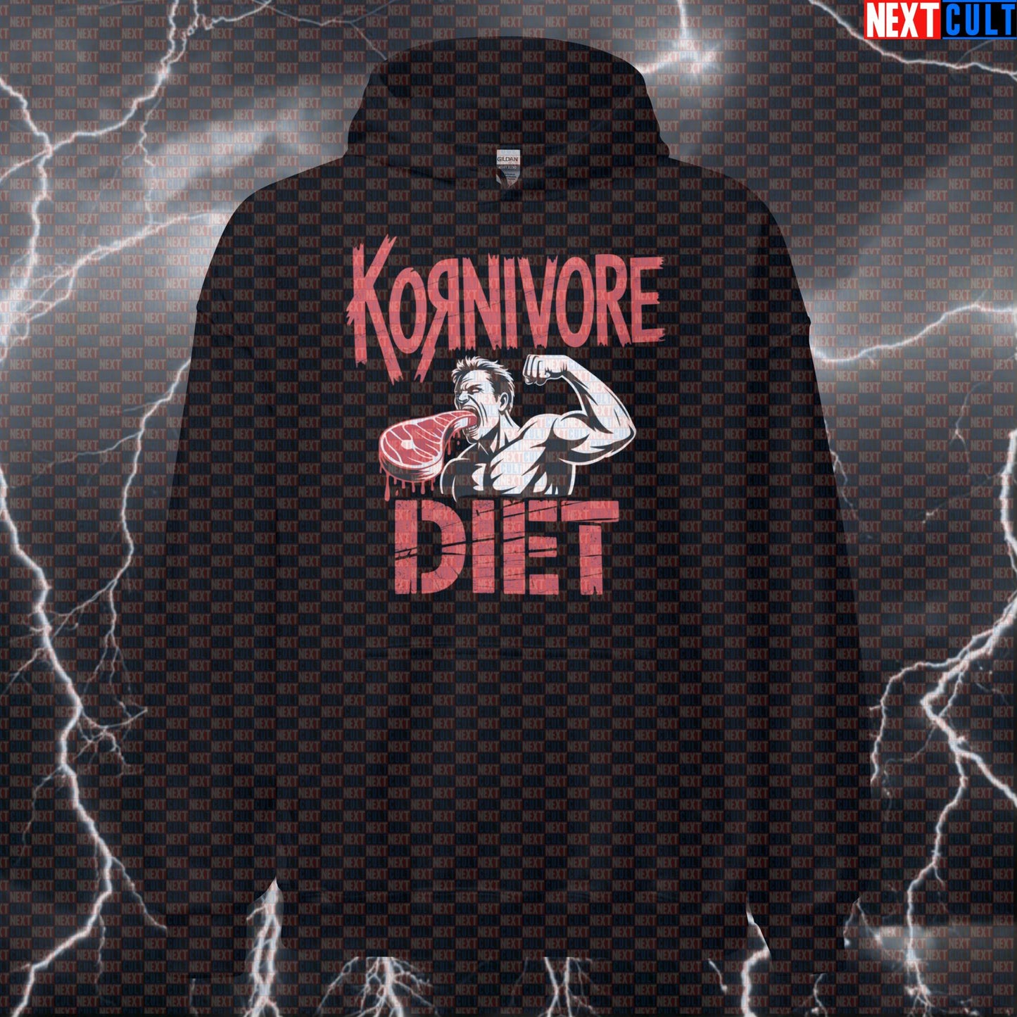 Kornivore Diet Funny Gym Hoodie - Metalhead Carnivore Gains Hooded Sweatshirt Pullover Hoodies Bodybuilding Fast Food Fitness Gym Korn Pump Cover Rock Music Workout Next Cult Brand