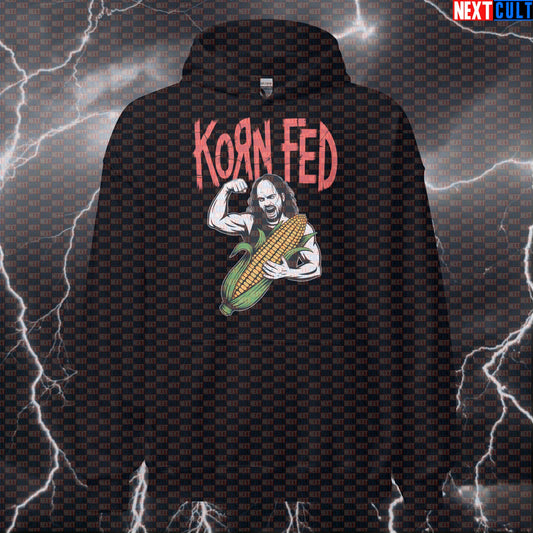 Korn-Fed Funny Gym Hoodie - Metalhead Workout Hooded Sweatshirt Pullover Pump Cover Hoodies Bodybuilding Fast Food Fitness Gym Korn Pump Cover Workout Next Cult Brand
