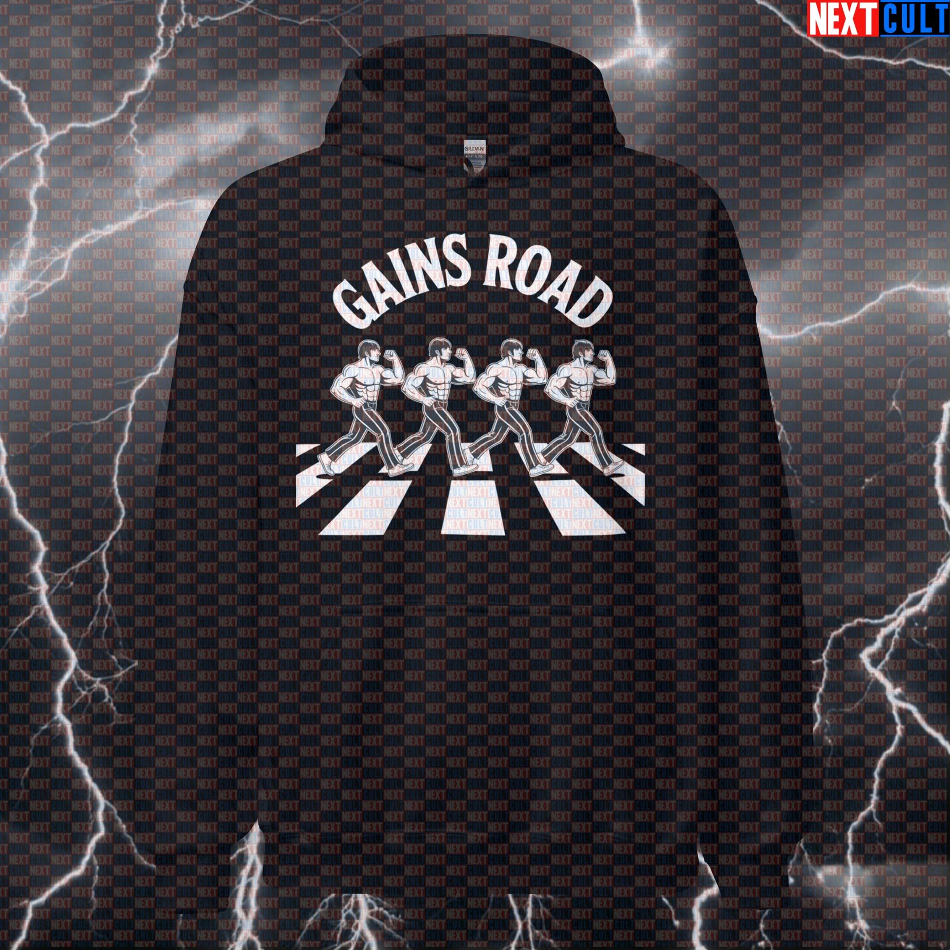 Gains Road Beatles Funny Gym Hoodie - Abbey Road Parody Hooded Sweatshirt Pullover Pump Cover Hoodies Next Cult Brand