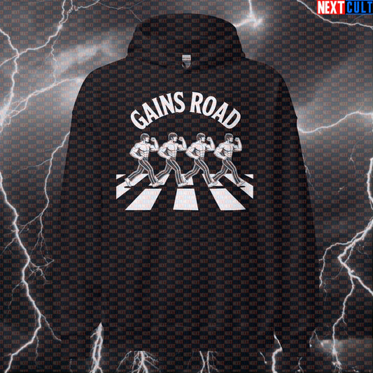 Gains Road Beatles Funny Gym Hoodie - Abbey Road Parody Hooded Sweatshirt Pullover Pump Cover Hoodies Bodybuilding Fitness Gym Pump Cover Rock Music The Beatles Workout Next Cult Brand