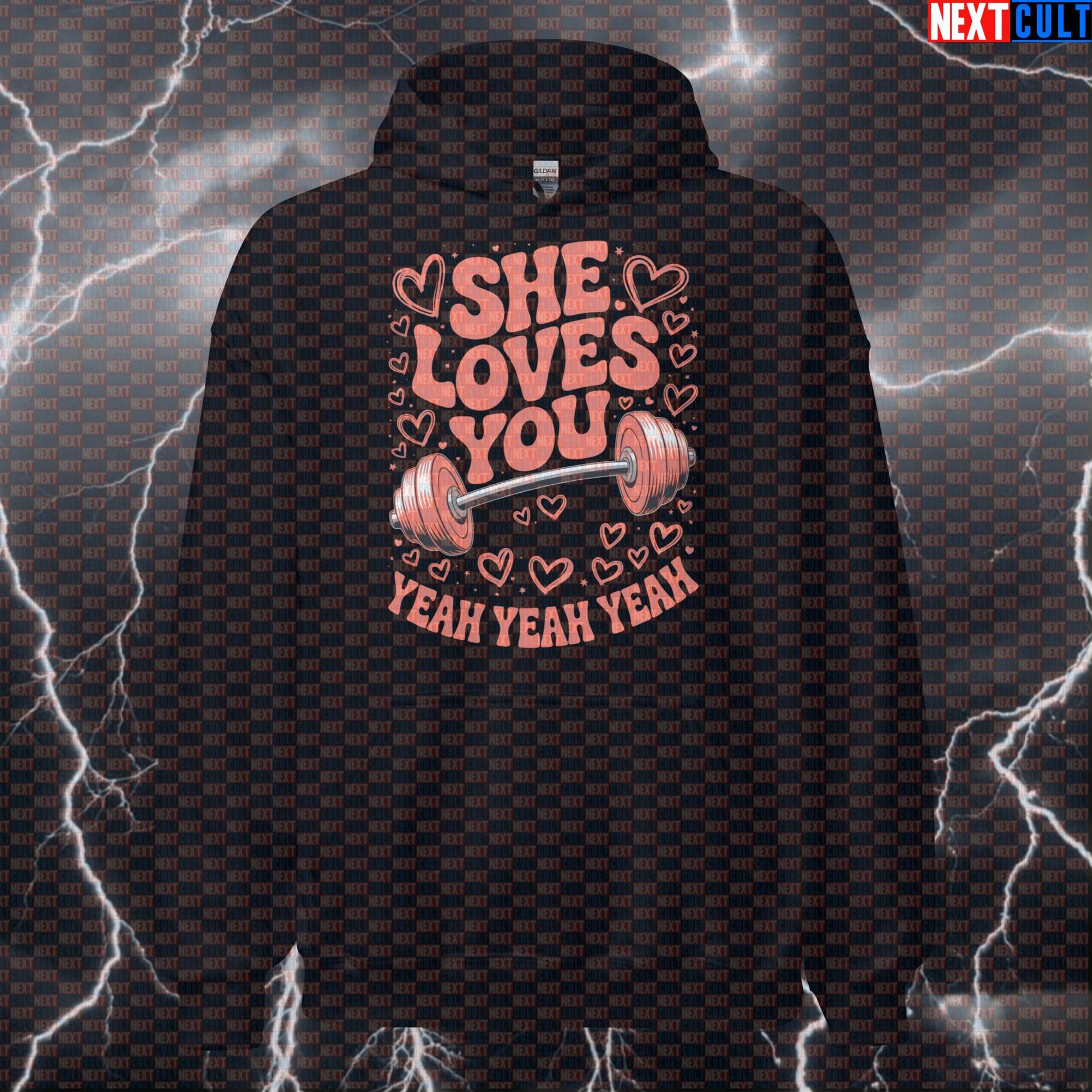 She Loves You Yeah Yeah Yeah Funny Gym Hoodie - Beatles Gymbro Meme Hooded Sweatshirt Pullover Pump Cover Hoodies Bodybuilding Fitness Gym Powerlifting Pump Cover Rock Music The Beatles Valentine's Day Workout Next Cult Brand