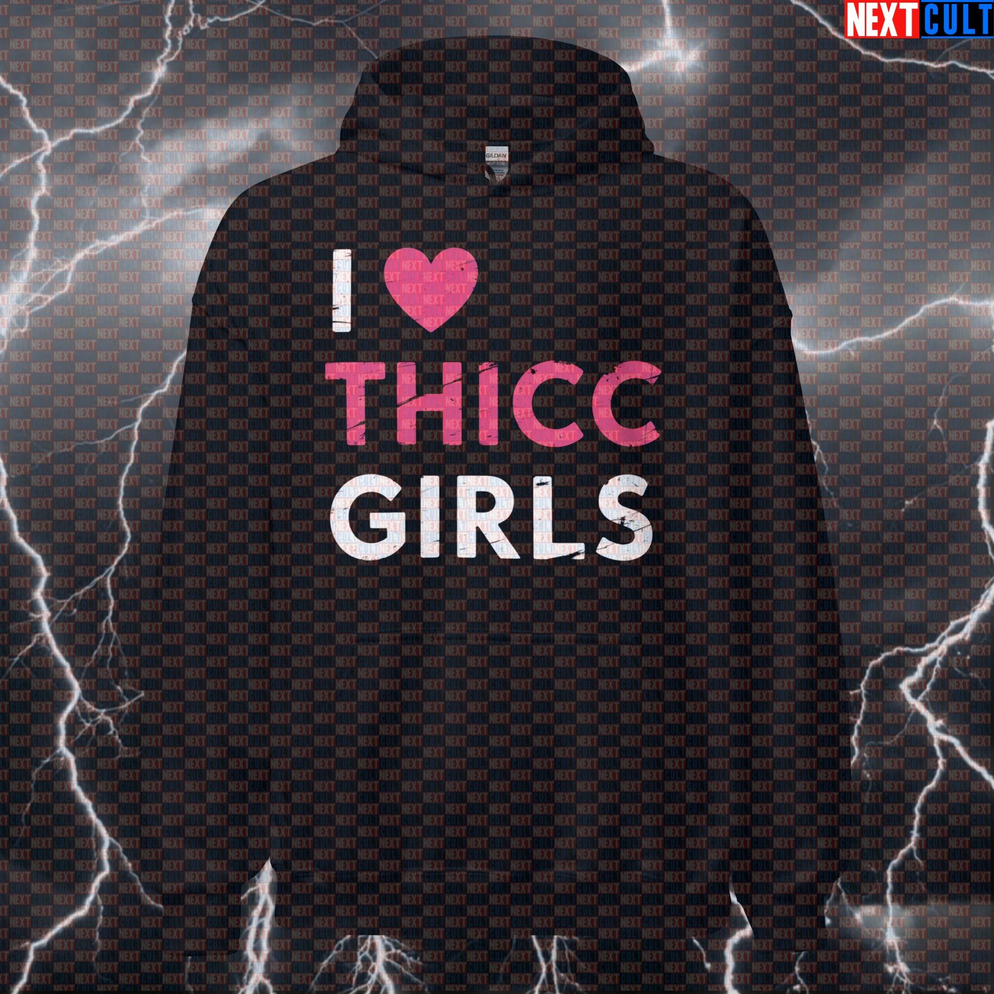 I Love Thicc Girls Funny Valentine's Gym Hoodie - Thicc Thighs & Leg Day Meme Hooded Sweatshirt Hoodies Bodybuilding Fitness Gym Leg Day Pump Cover Valentine's Day Workout Next Cult Brand