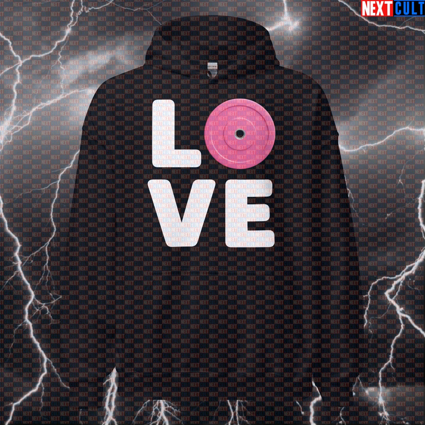 Funny Valentine's Day Gym Hoodie - I Love Lifting Pink Bumper Plate Hooded Sweatshirt Pump Cover Hoodies Bodybuilding Fitness Gym Powerlifting Pump Cover Valentine's Day Workout Next Cult Brand