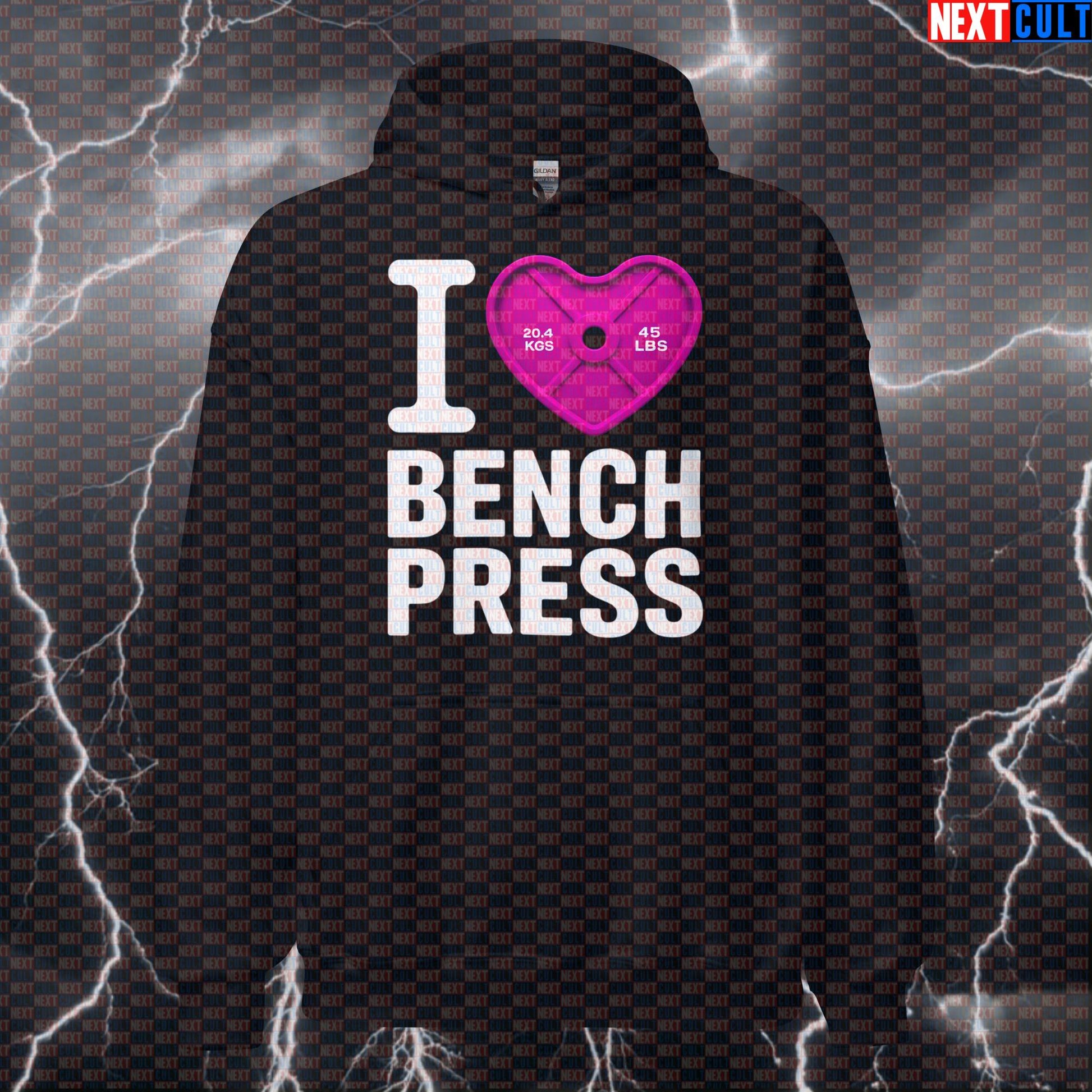 I Love Bench Press Hoodie | Funny Gym Hoodie with Pink Heart Weight Plate Design Hoodies Bodybuilding Fitness Gym Powerlifting Pump Cover Valentine's Day Workout Next Cult Brand