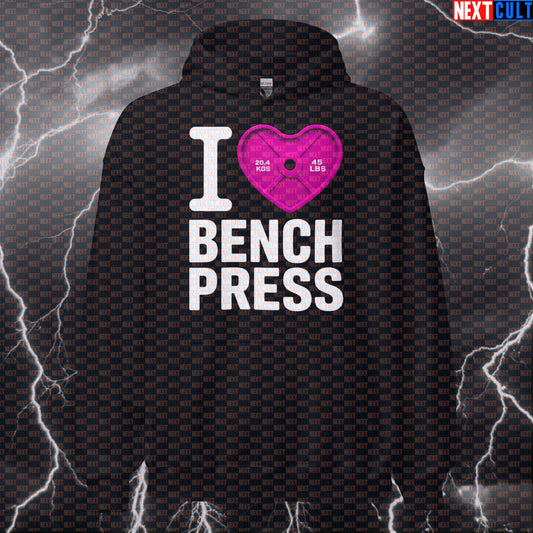 I Love Bench Press Hoodie | Funny Gym Hoodie with Pink Heart Weight Plate Design Hoodies Bodybuilding Fitness Gym Powerlifting Pump Cover Valentine's Day Workout Next Cult Brand