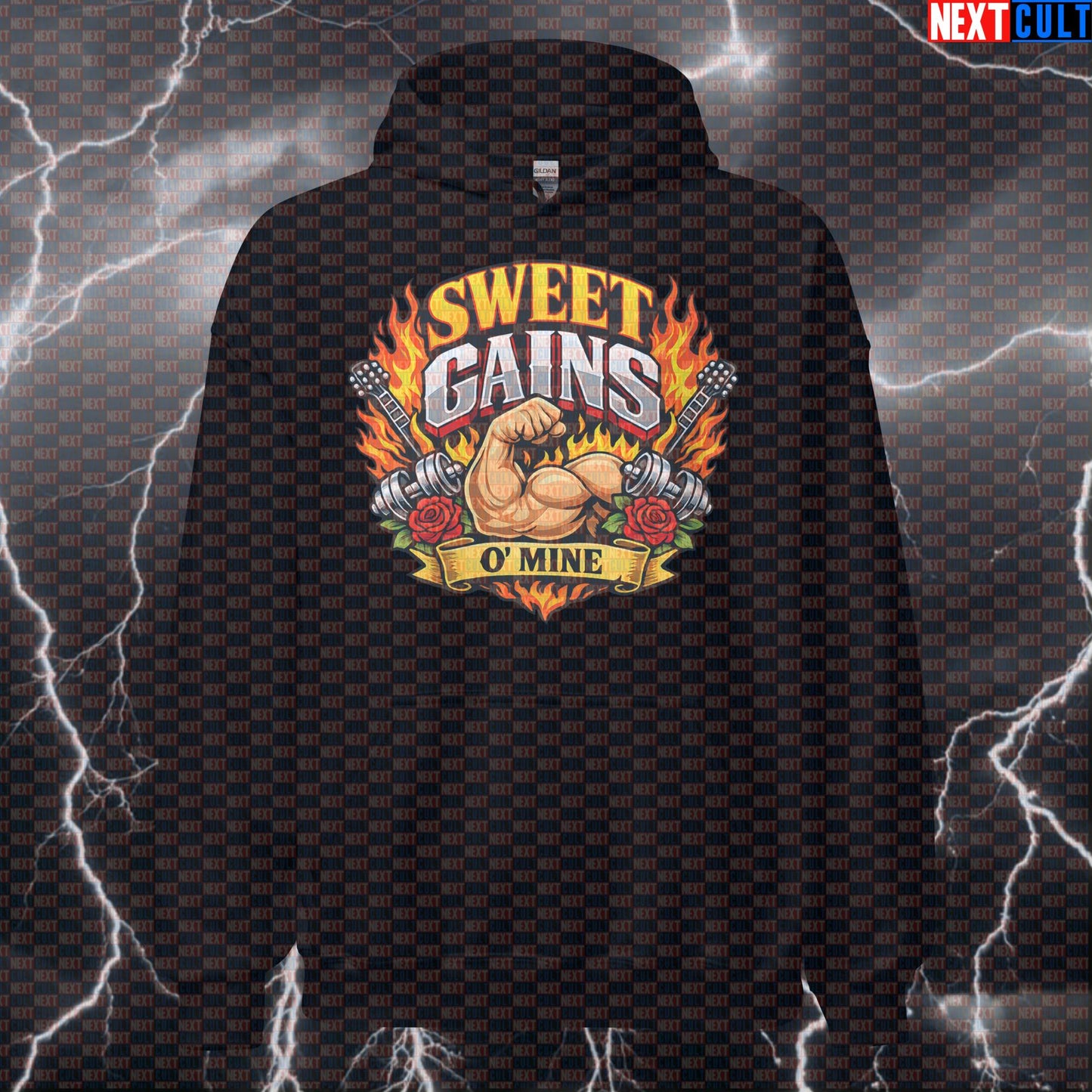 Sweet Gains O' Mine Funny Rock Music Gym Hoodie – Fitness Pullover for Bodybuilding, Powerlifting, Workout & Gymbro Humor Hoodies Bodybuilding Fitness Guns N' Roses Gym Powerlifting Pump Cover Rock Music Workout Next Cult Brand