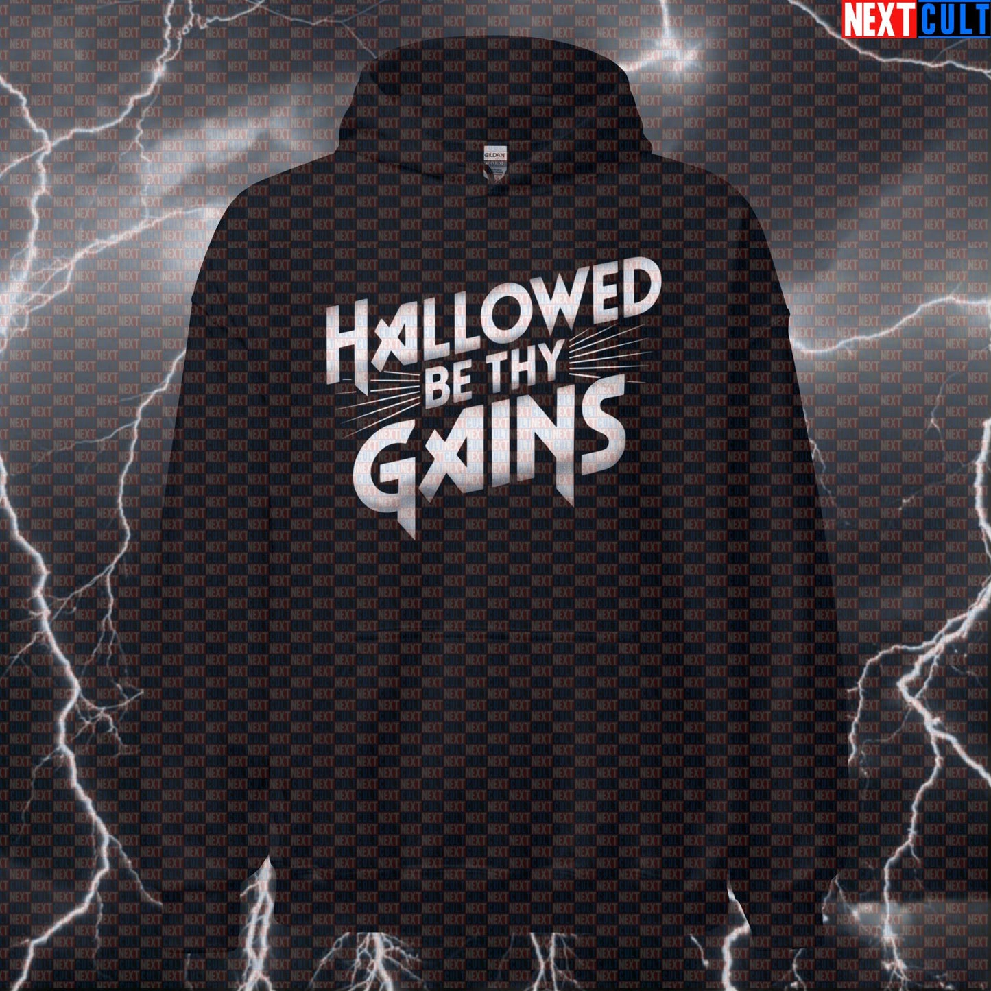 Hallowed Be Thy Gains Funny Gym Hoodie Hooded Sweatshirt Pullover Jumper Gym Hoodie Workout Top for Metalhead Lifters Hoodies Next Cult Brand