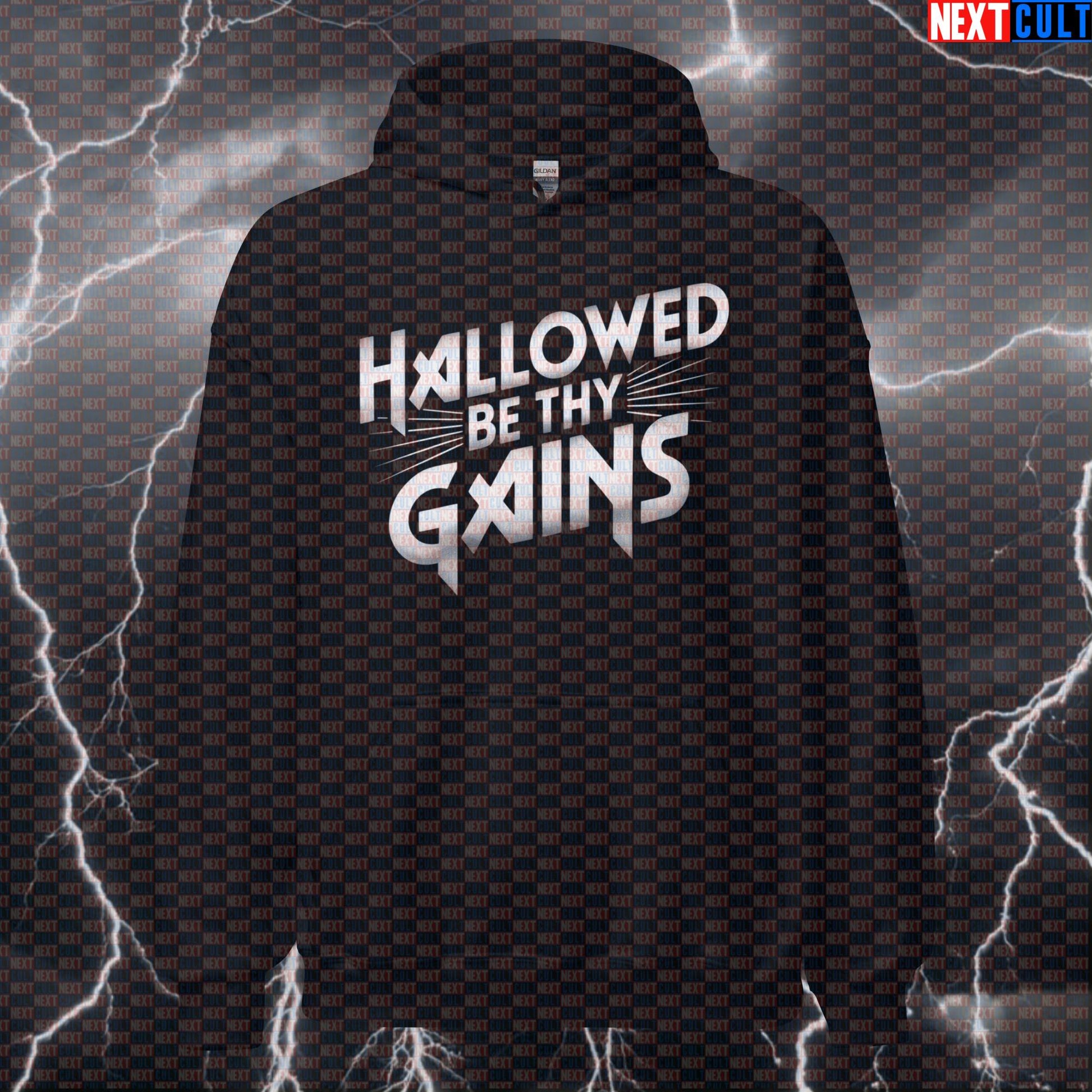 Hallowed Be Thy Gains Funny Gym Hoodie Hooded Sweatshirt Pullover Jumper Gym Hoodie Workout Top for Metalhead Lifters Hoodies Next Cult Brand