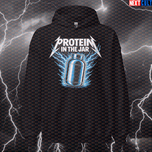Protein In The Jar Funny Gym Hoodie Hooded Sweatshirt Pullover Gym Apparel for Lifters Metallica Protein Shake Workout Fans Bodybuilding Fitness Gym Metallica Pump Cover Rock Music Workout Next Cult Brand