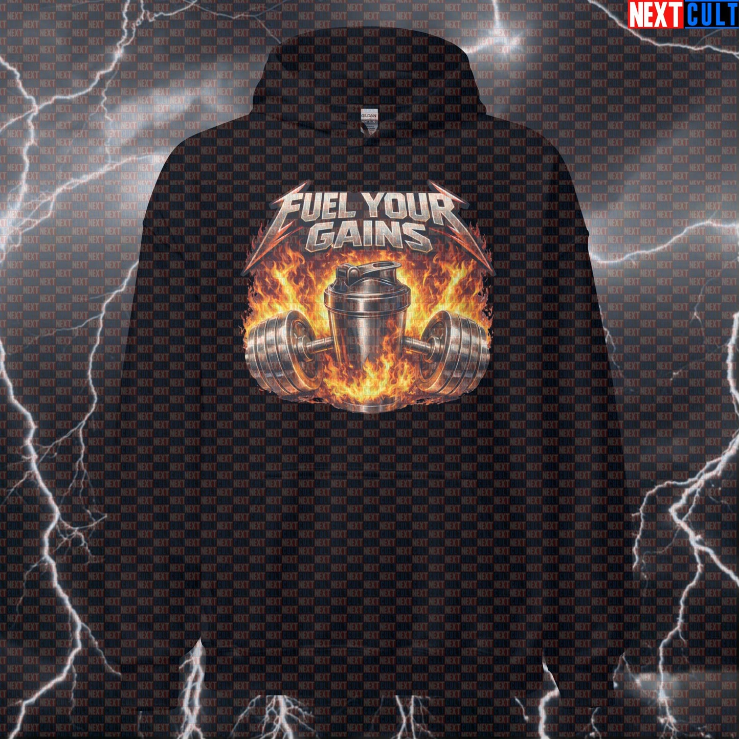 Fuel Your Gains Metallica Heavy Metal Gym Hoodie — Funny Protein Shakes Workout Hoodie for Bodybuilding & Powerlifting Lifters Hoodies Bodybuilding Fitness Gym Metallica Powerlifting Pump Cover Rock Music Workout Next Cult Brand