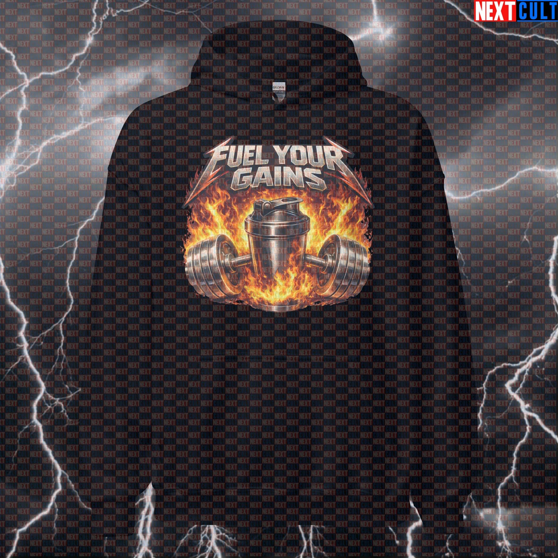 Fuel Your Gains Metallica Heavy Metal Gym Hoodie — Funny Protein Shakes Workout Hoodie for Bodybuilding & Powerlifting Lifters Hoodies Bodybuilding Fitness Gym Metallica Powerlifting Pump Cover Rock Music Workout Next Cult Brand