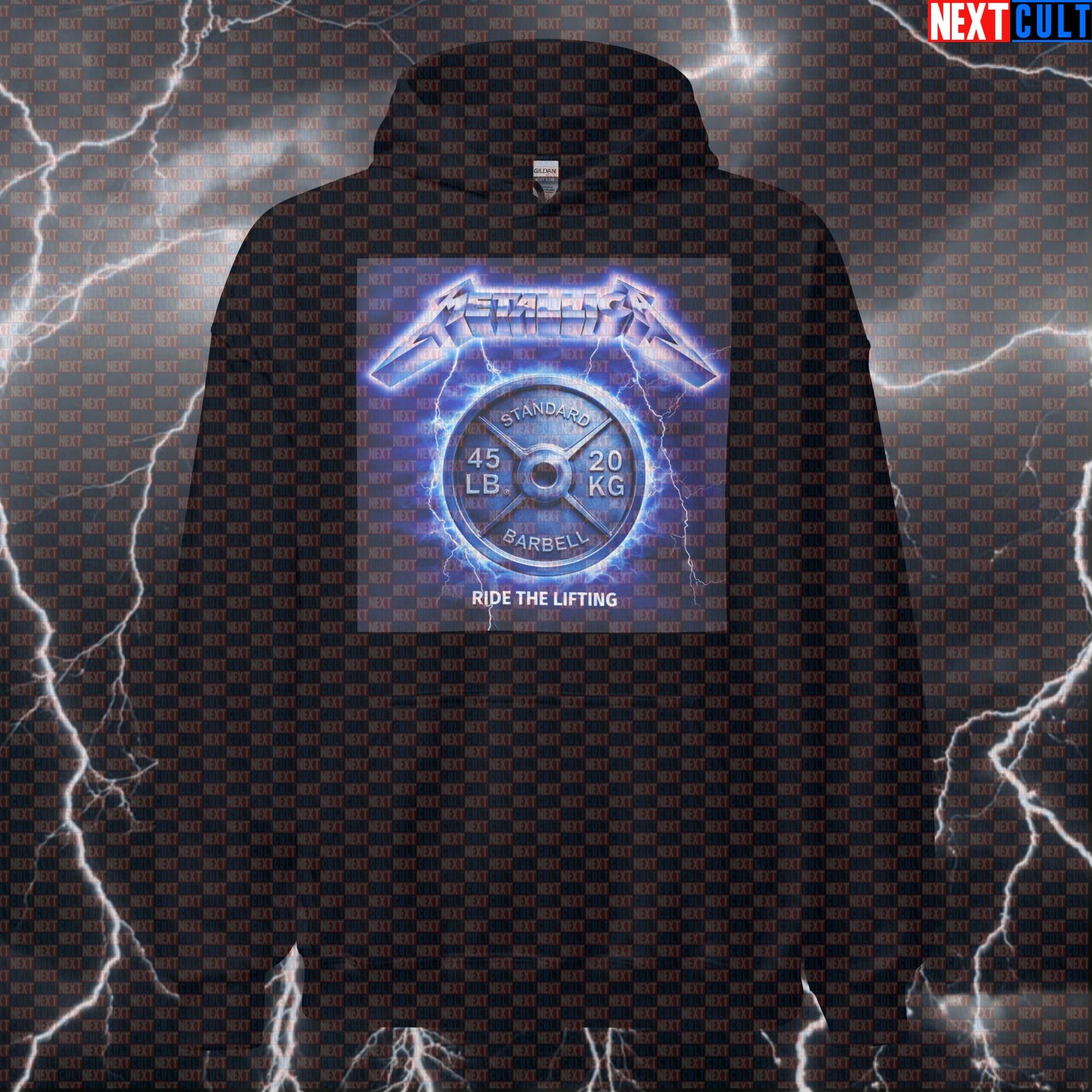 Ride The Lifting Funny Gym Hoodie Ride The Lightning Album Cover Parody Metallica Heavy Metal Workout Hoodie Bodybuilding Fitness Gym Metallica Powerlifting Pump Cover Rock Music Workout Next Cult Brand