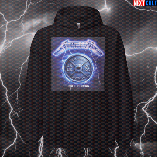 Ride The Lifting Funny Gym Hoodie Ride The Lightning Album Cover Parody Metallica Heavy Metal Workout Hoodie Bodybuilding Fitness Gym Metallica Powerlifting Pump Cover Rock Music Workout Next Cult Brand