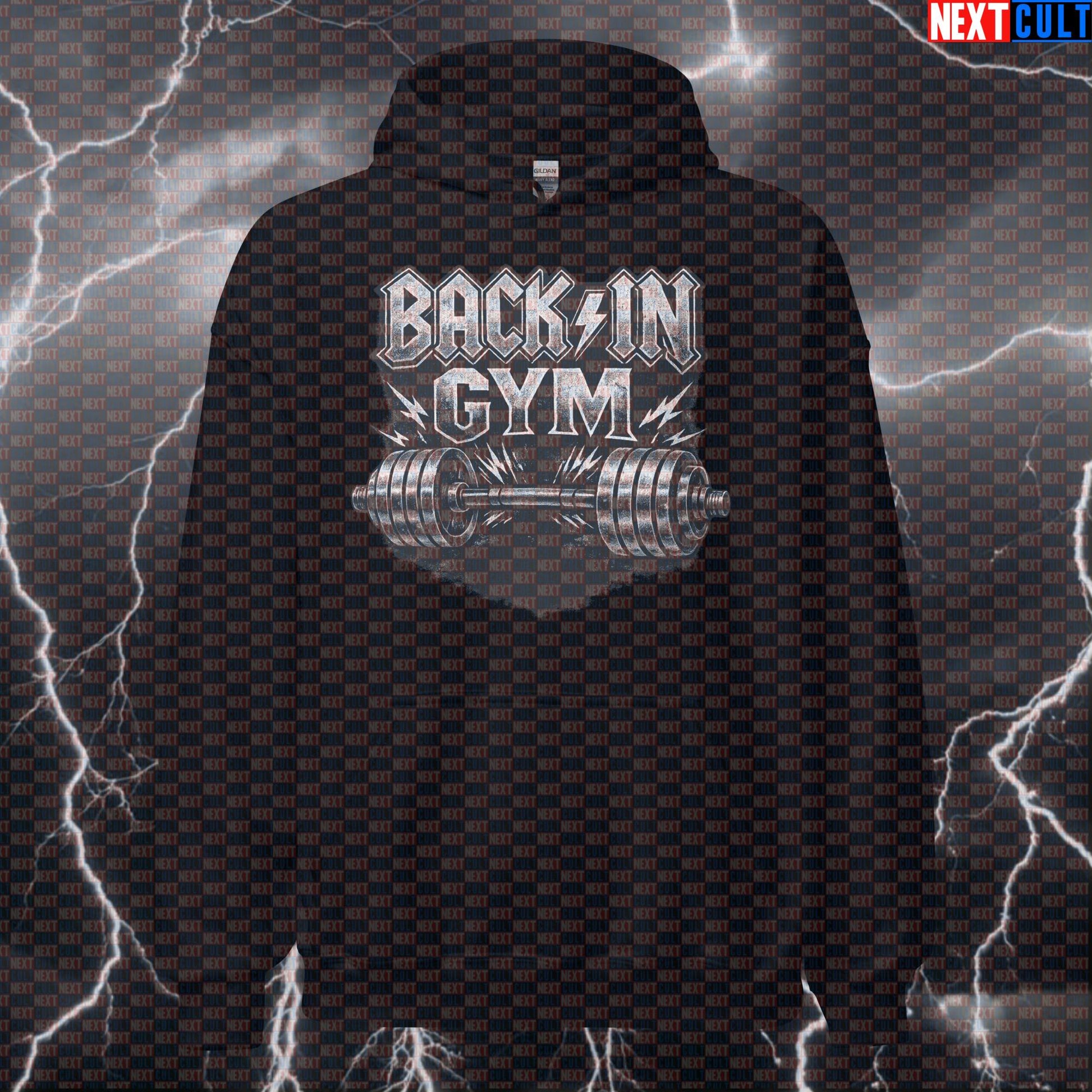 Back In Gym Funny Gym Hoodie Back In Black Album Cover Parody AC/DC Heavy Metal Rock Workout Hoodie Hoodies AC/DC Bodybuilding Fitness Gym Powerlifting Pump Cover Rock Music Workout Next Cult Brand