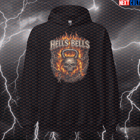 Hells Kettlebells Funny Gym Hoodie Hells Bells Parody AC/DC Heavy Metal Rock Workout Hoodie Hoodies AC/DC Bodybuilding Fitness Gym Kettlebell Pump Cover Rock Music Workout Next Cult Brand